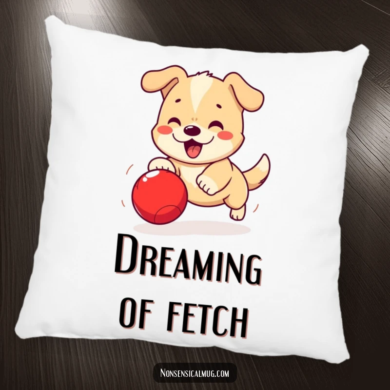 Funny Kawaii Dog Pillow: A playful kawaii dog is shown in pursuit of a bouncing ball, offering comfort.