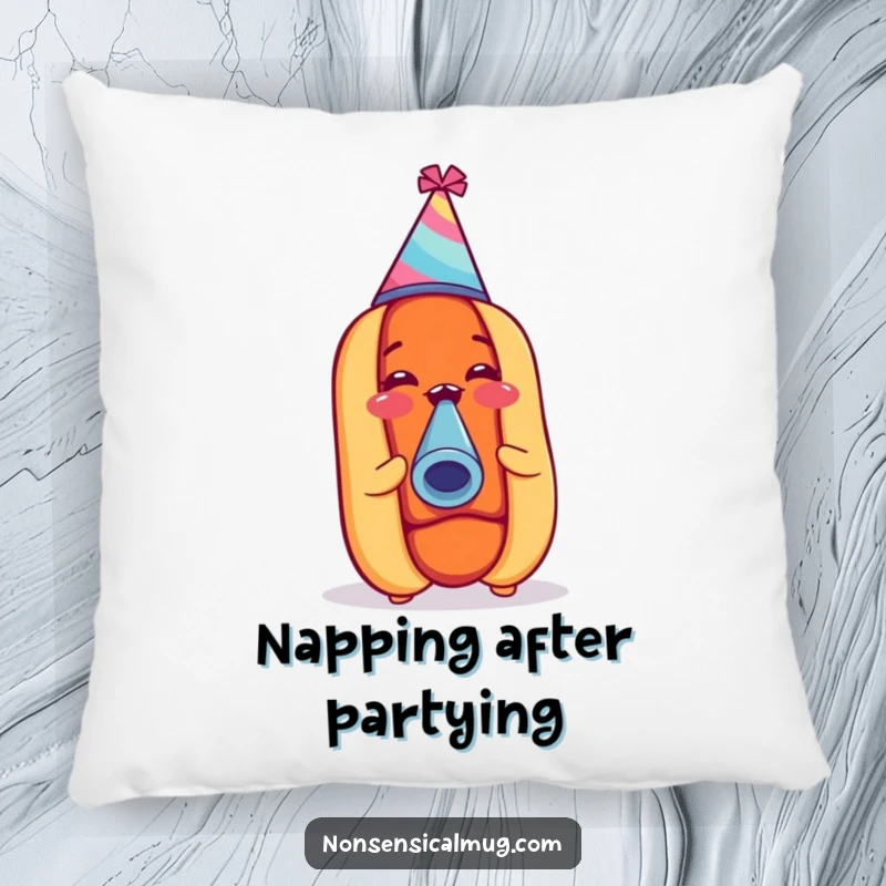 Funny hot dog wearing a party hat and blowing a noisemaker, featured on a soft pillow for a whimsical home accent.