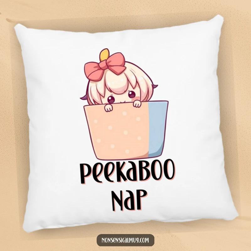 Funny pillow featuring a blushing character shyly peeking from behind a large, colorful gift, offering soft sweetness.