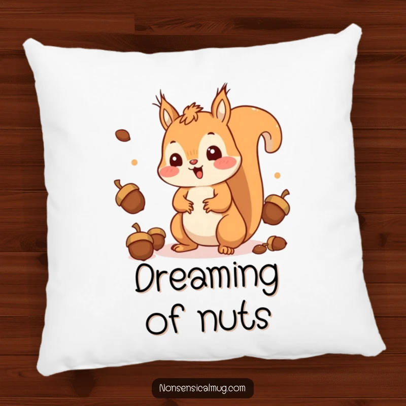 Funny Squirrel Pillow: A surprised kawaii squirrel happily juggling acorns, offering cozy and comical charm.