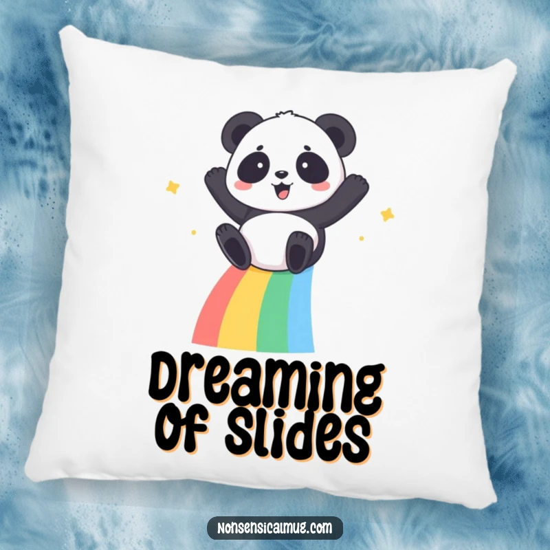 Kawaii Panda Pillow: A gleeful kawaii panda sliding down a vibrant rainbow, offering cozy happiness.