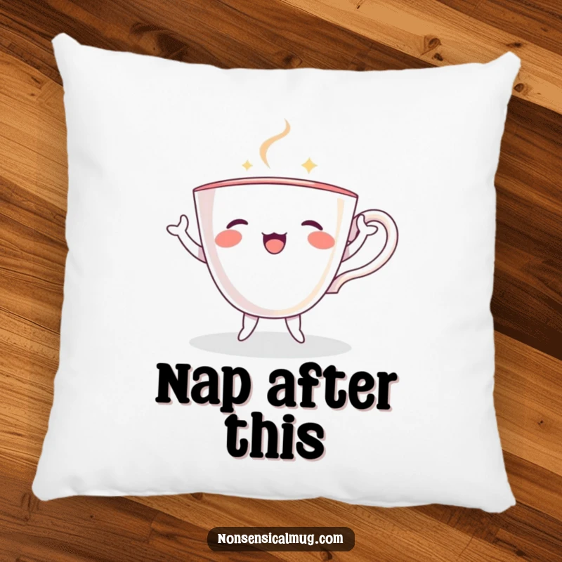 Funny teacup with small limbs, joyfully dancing and twirling on a soft pillow, bringing whimsy.