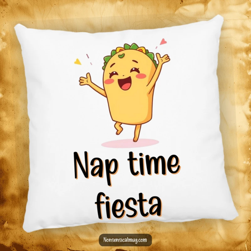 Funny pillow featuring a happy taco in a fun celebratory dance pose, offering cozy fiesta comfort and joy.