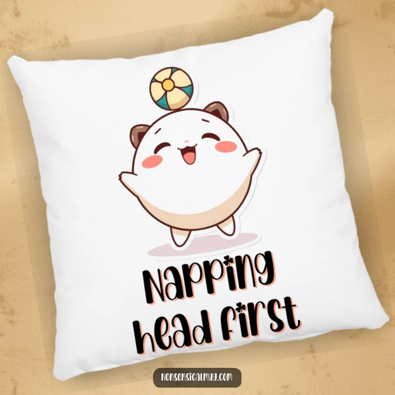 Funny pillow: a round, happy character gleefully bounces a ball with its head, offering comfort and joy.