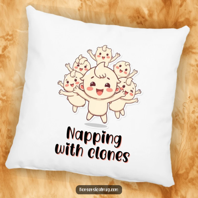 Funny pillow featuring a happy character multiplying into several bouncing copies, adding comfort and a playful, high-energy touch to any room.