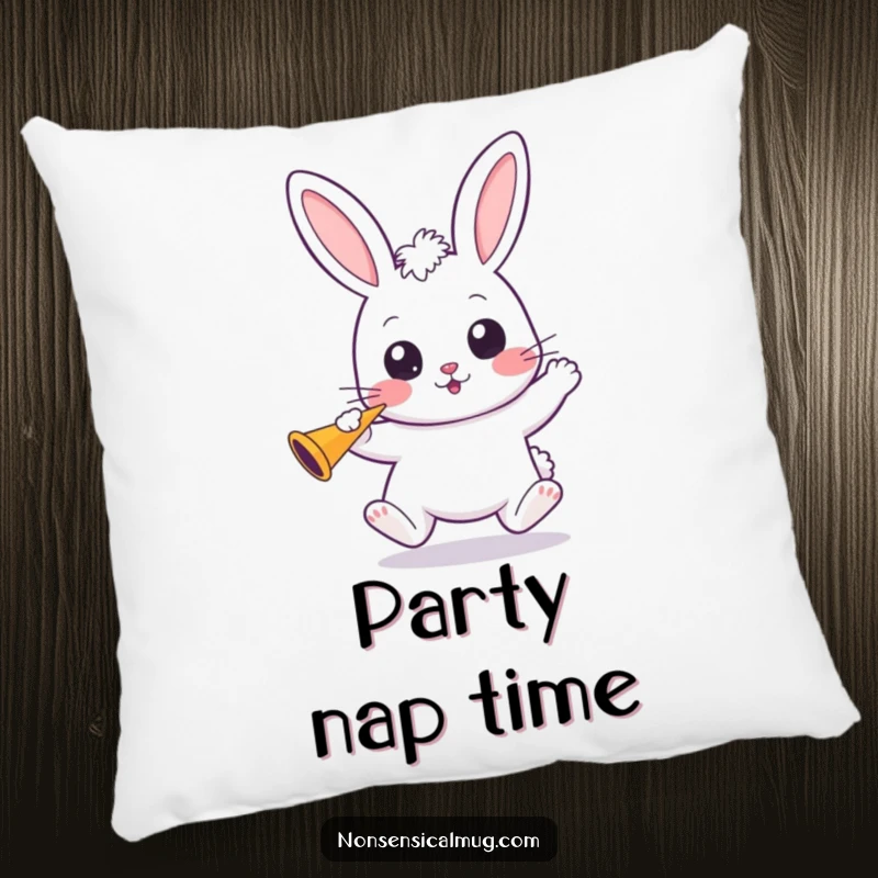 Funny Kawaii Bunny Pillow: A wide-eyed kawaii bunny bounces, holding a party horn, offering comfort and festive vibes.