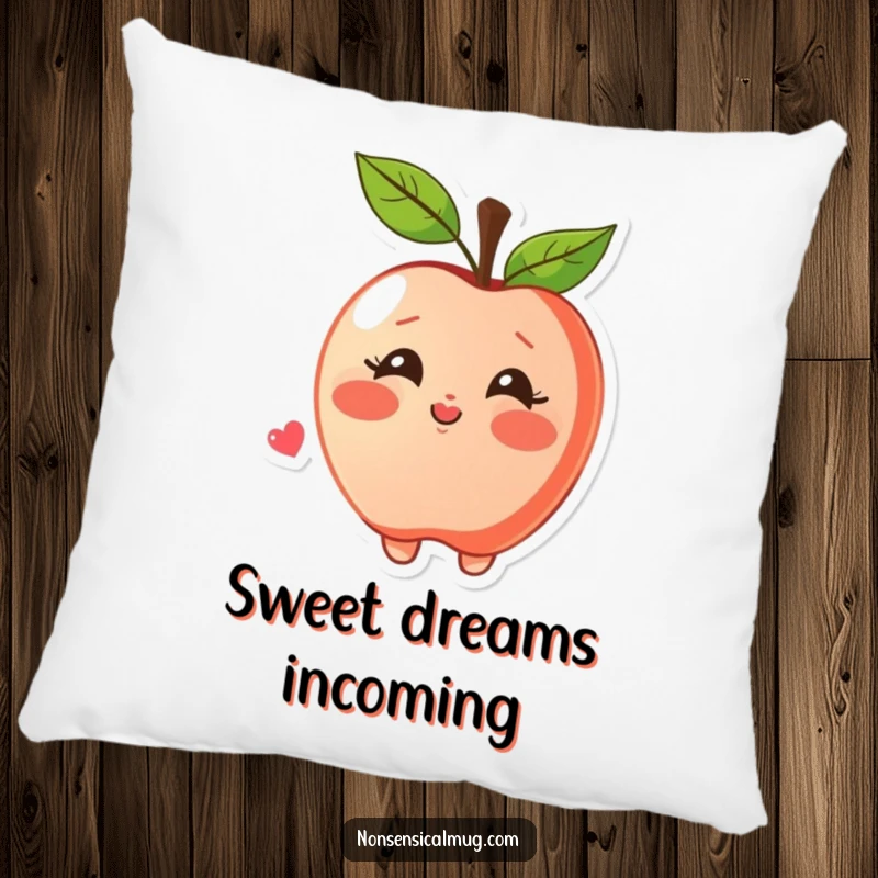Funny pillow featuring a blushing apple character joyfully blowing a kiss, perfect for adding comfort and sweet sentiment.
