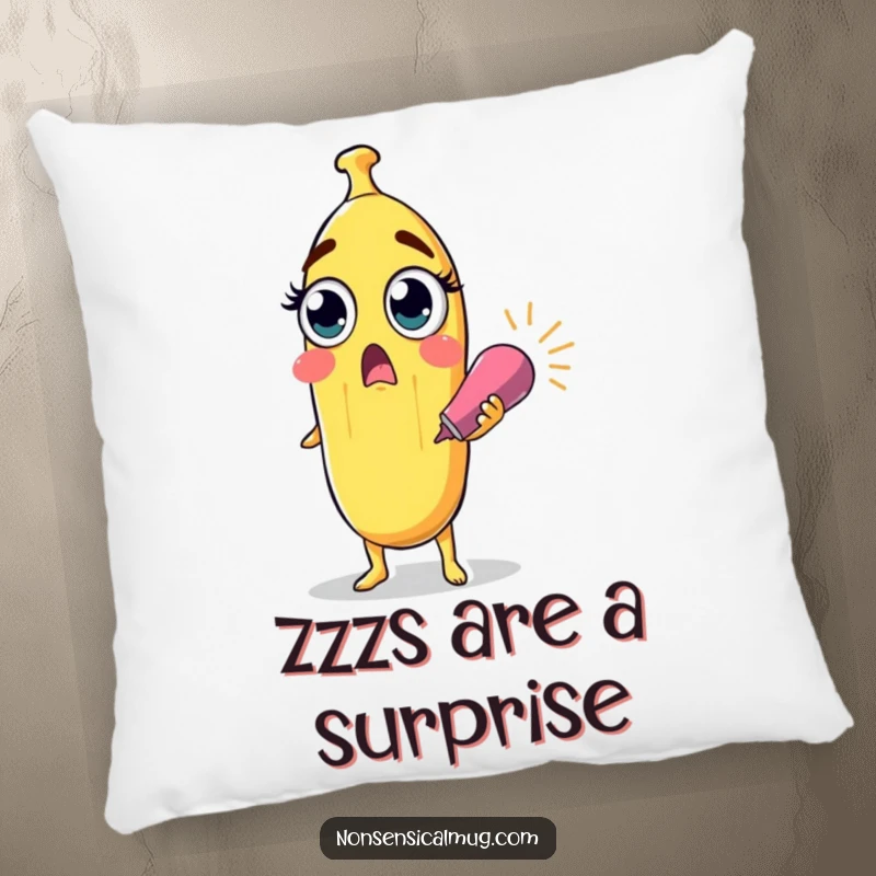 Funny surprised banana character with wide eyes holding a party popper on a plush pillow, a soft and humorous decor item.