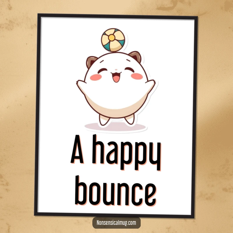 Digital art print: a round, smiling character gleefully bounces a ball with its head in a fun display.