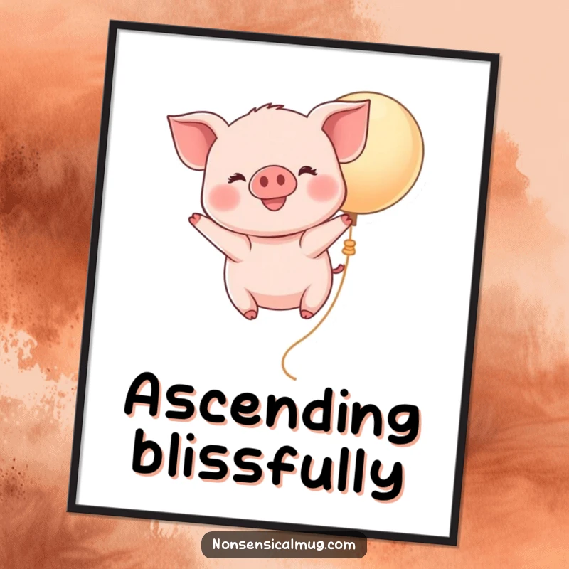 Funny Kawaii Piglet Balloon Digital Art Print: A smiling piglet gracefully floats upwards on a balloon, bringing pure cheer.