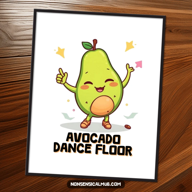 Funny digital art print of a winking avocado character breakdancing with its pit, showcasing energetic and humorous style.