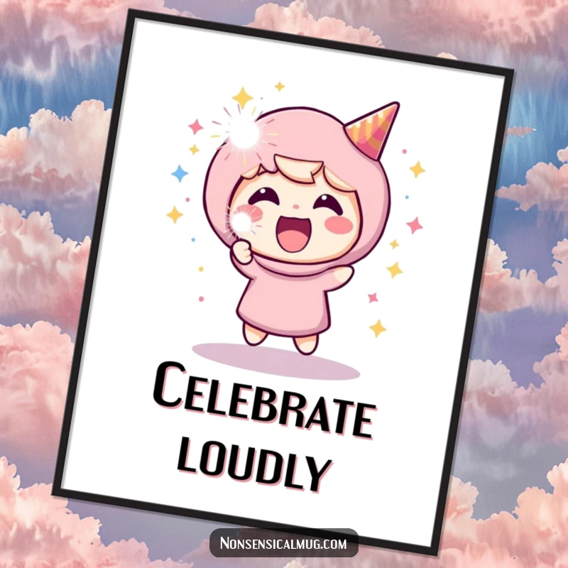 Funny digital art print of a character joyfully exploding a party popper, perfect for festive and humorous digital displays.