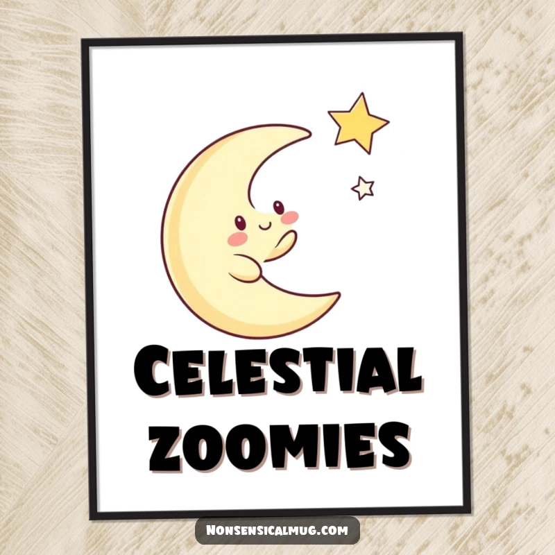Funny digital art print of a whimsical crescent moon character playfully chasing a twinkling star in a delightful cosmic scene.
