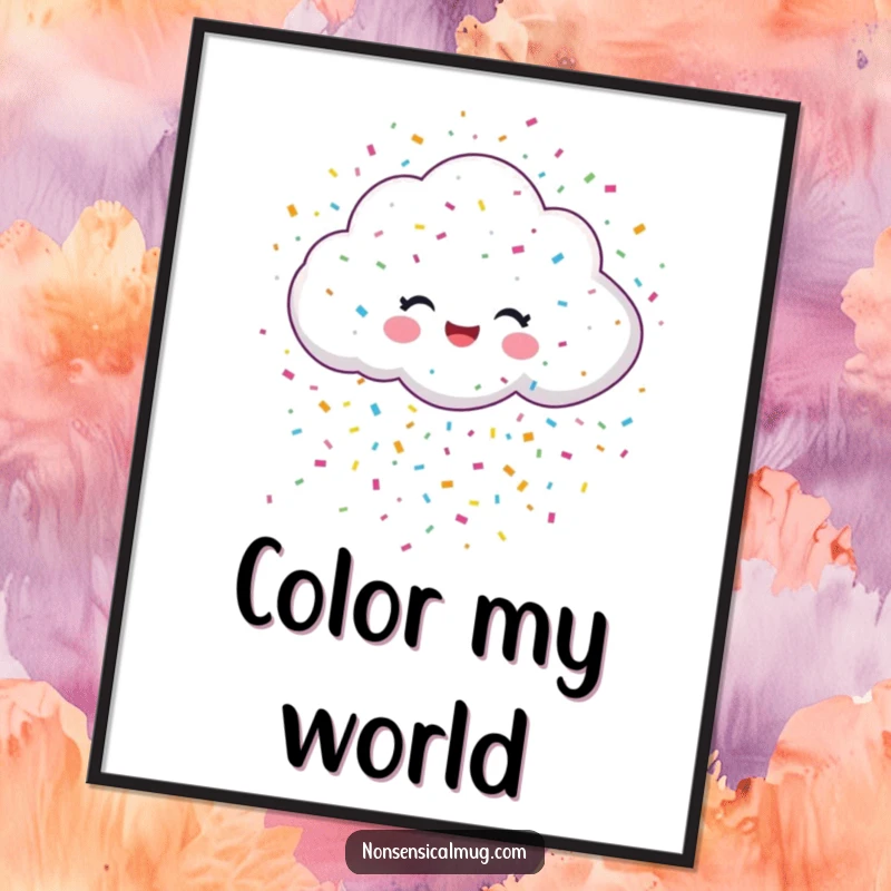 Funny digital art print of a smiling cloud showering a vibrant cascade of colorful confetti, radiating cheerful celebration.
