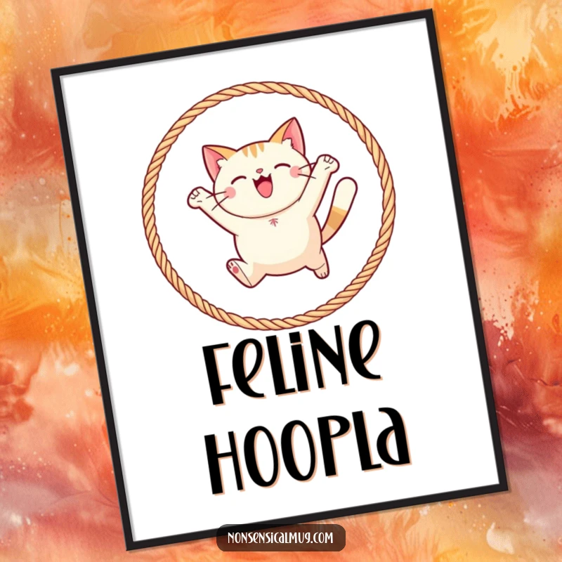 Funny round cat joyfully leaping through a hoop of yarn, a digital art print full of playful charm and feline happiness.