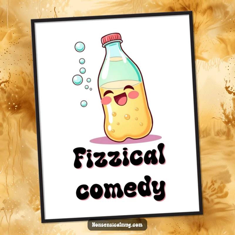 Funny giggling soda bottle digital art print, instantly downloadable humor with a bubbly and cheerful character.