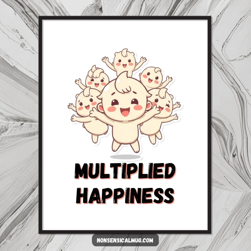 Funny digital art print of a happy character splitting into multiple bouncing copies, capturing a scene of pure, amplified joy and playful movement.