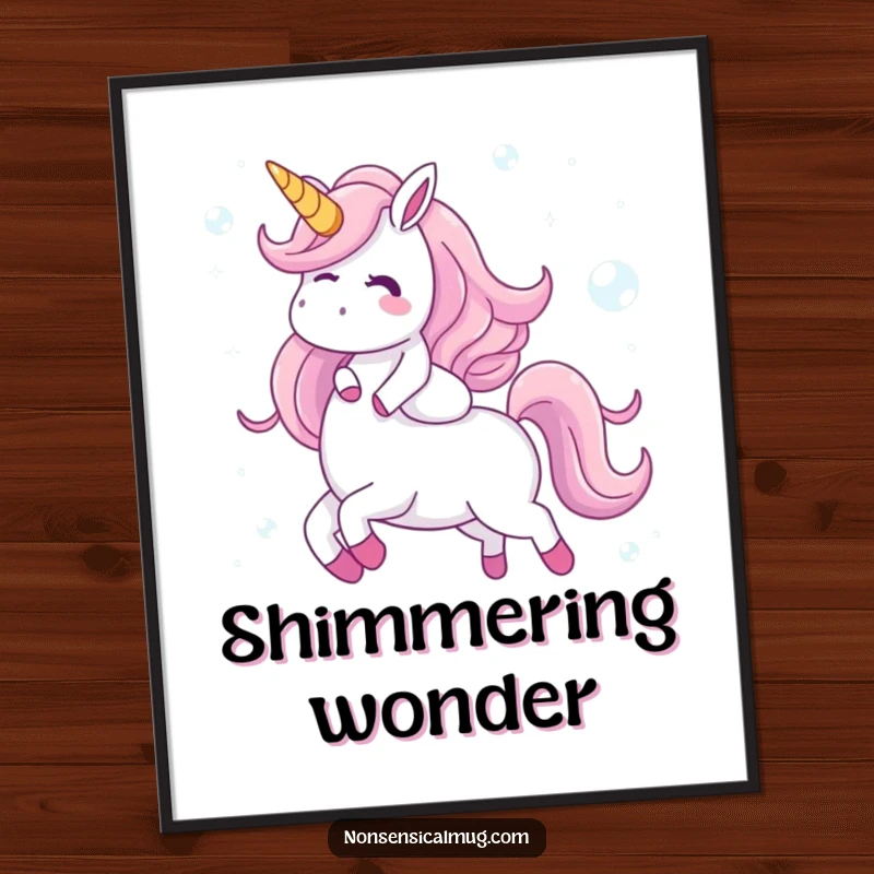Funny digital art print of a giggling character riding a unicorn made of shimmering bubbles, capturing a whimsical and enchanting scene of pure delight.