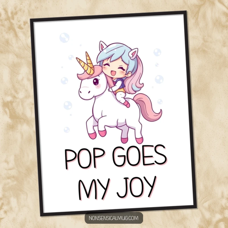 Funny digital art print of a giggling character riding a unicorn made of shimmering bubbles. Whimsical and humorous wall decor.