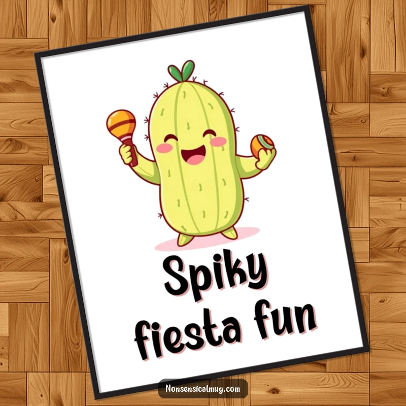 Funny Digital Art Print: Smiling cactus character gleefully dancing with maracas, a vibrant design.