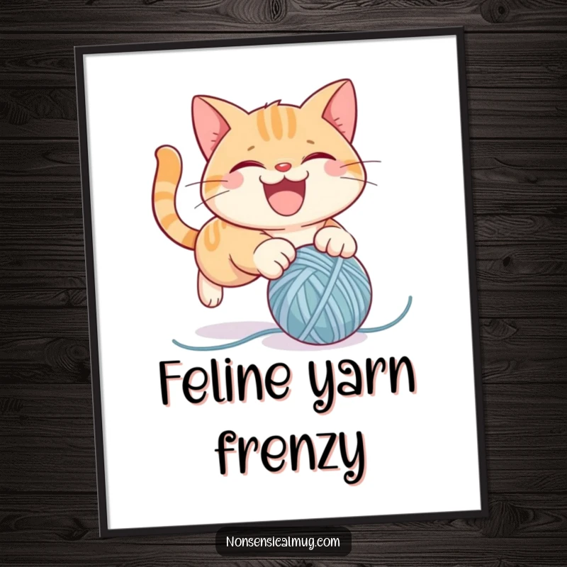 Funny digital art print of a mischievous cat character pouncing on a bouncy yarn ball, full of playful energy and humor, instantly downloadable.
