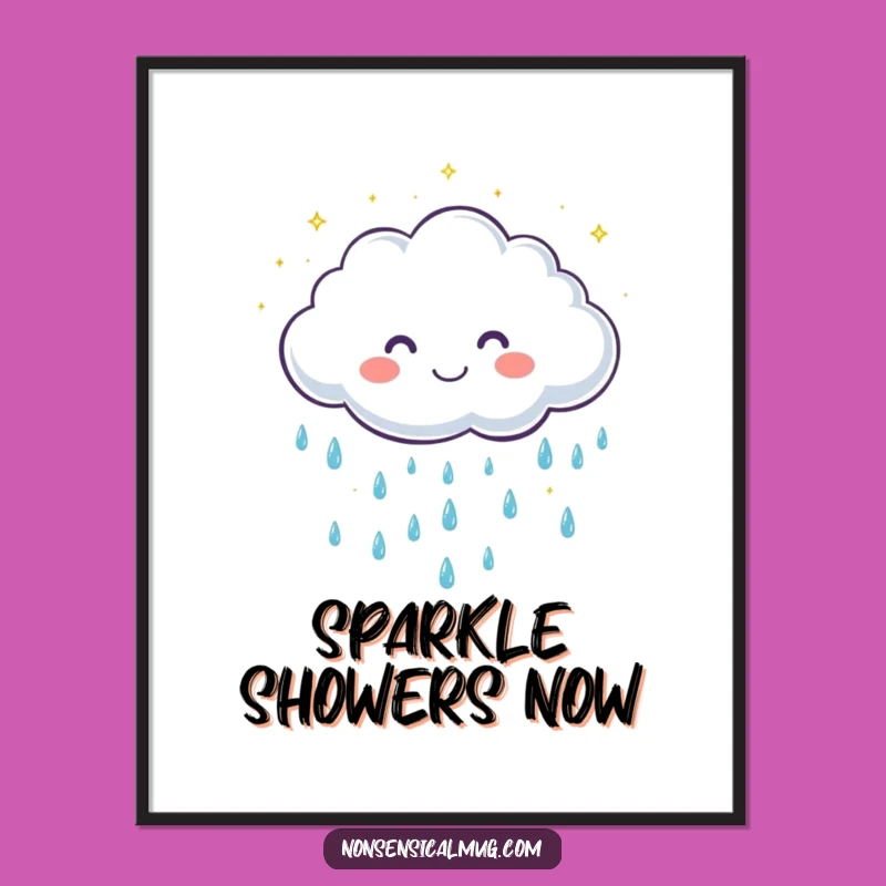 Funny Cloud Raindrops Print: Cute Digital Art, Sparkling Joy, Perfect Gift