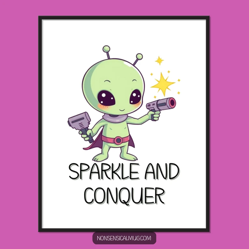 Funny Kawaii Alien Sparkle Ray Gun Digital Art Print - Cute Sci-Fi Decor, Instant Funny Gift for Space Lovers