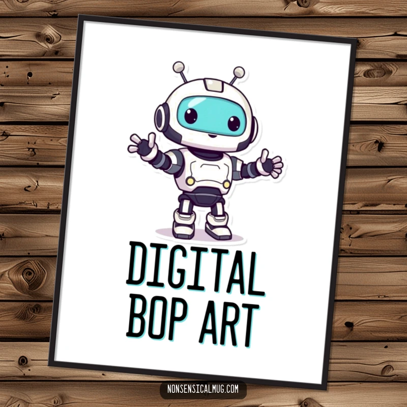 Funny robot digital art print of a playful character doing a happy little bop, downloadable for instant decor.