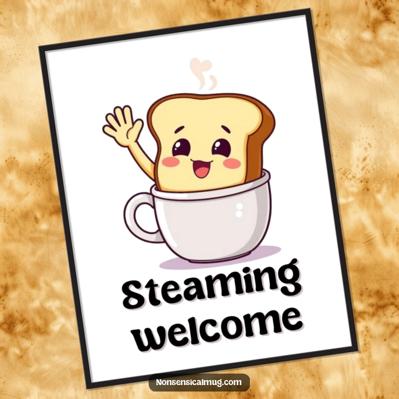 Funny smiling toast character waving from a steaming mug, a digital art print full of warmth and cheerful breakfast vibes.