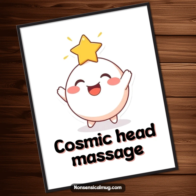 Funny Digital Art Print: A cheerful, round character joyfully bouncing a radiant star off its head, full of cosmic joy.