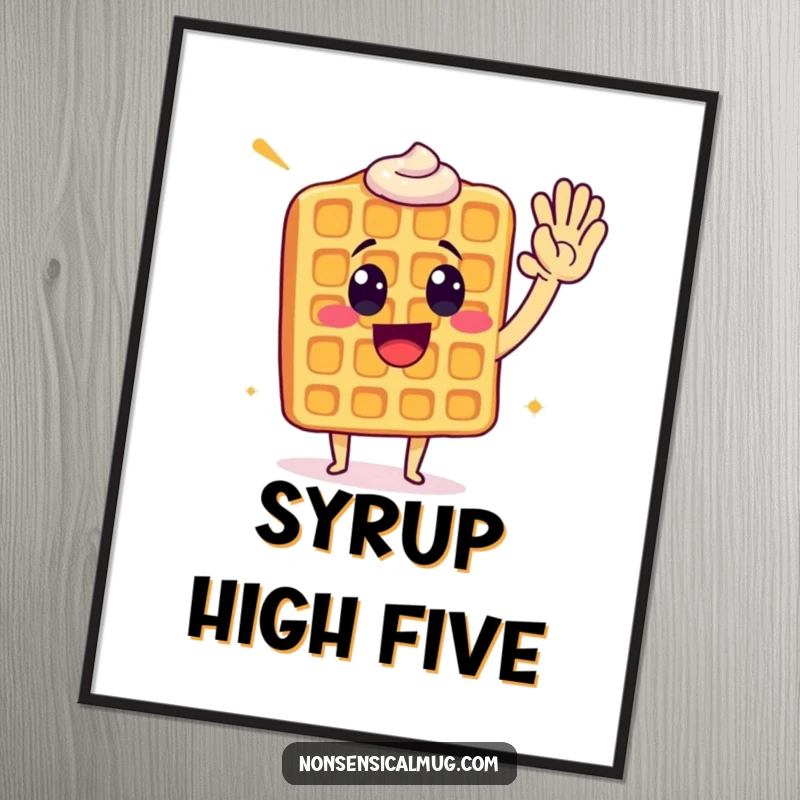 Funny waffle giving a high five, a humorous and cheerful digital art print for instant decor.