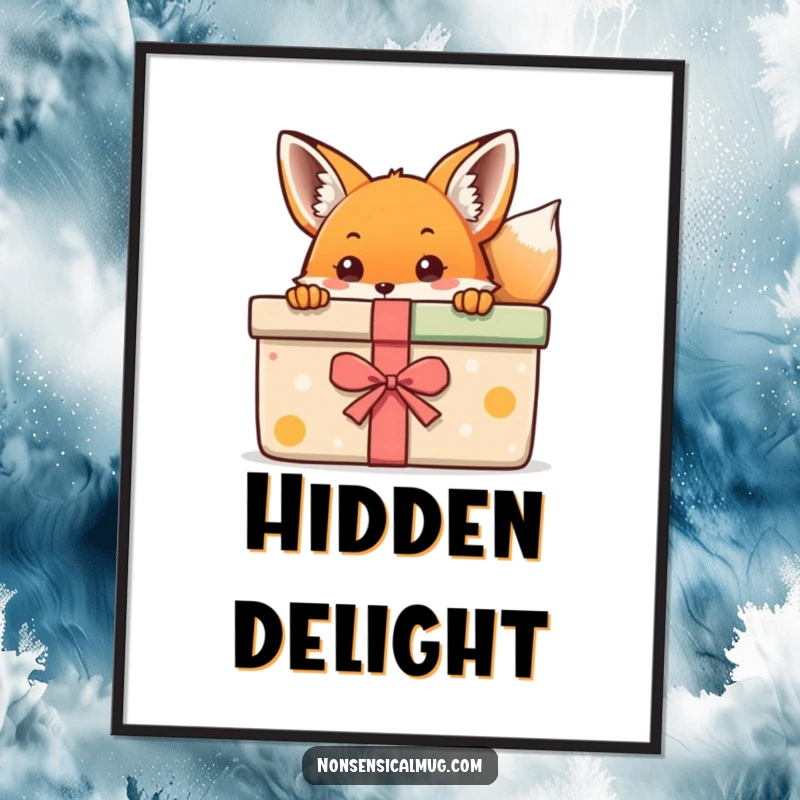 Kawaii Fox Digital Art Print: A cute kawaii fox peeking from behind a colorful gift, offering instant charm.