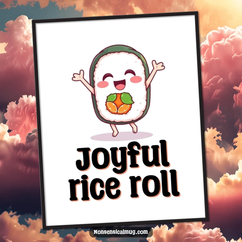 Funny digital art print of a delighted sushi roll character doing a joyful dance, perfect for food lovers and instant decor.