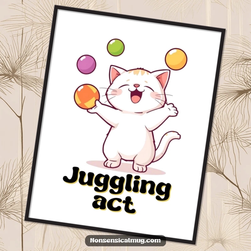 Funny Kawaii Cat Digital Art: A talented kawaii cat juggles balls, bringing instant wonder and humor.