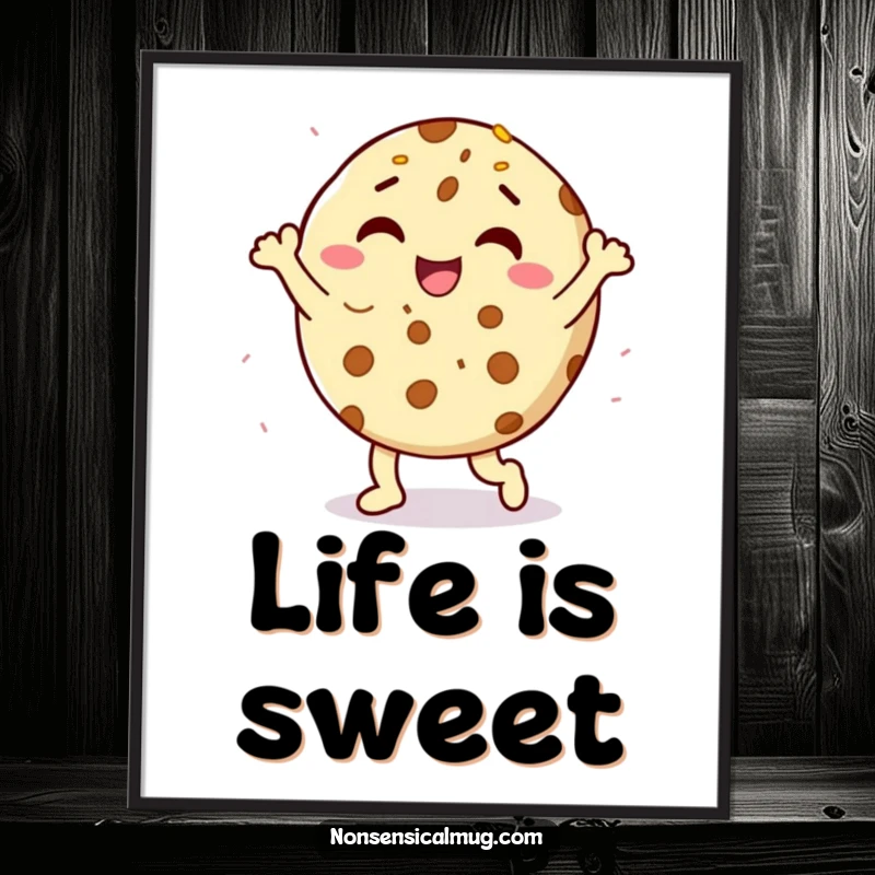 Funny delighted cookie character doing a happy dance with sprinkles, as a digital art print, adding playful charm to decor.