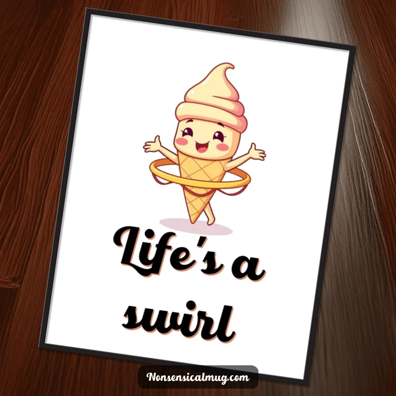 Funny smiling ice cream cone character spinning a hula hoop, as a digital art print, adding cool and playful charm to decor.