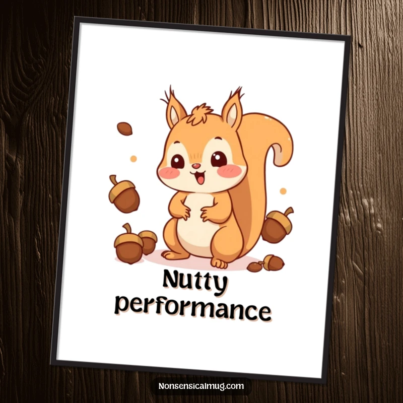 Funny Squirrel Digital Art Print: A surprised kawaii squirrel happily juggling acorns, ready for printing.