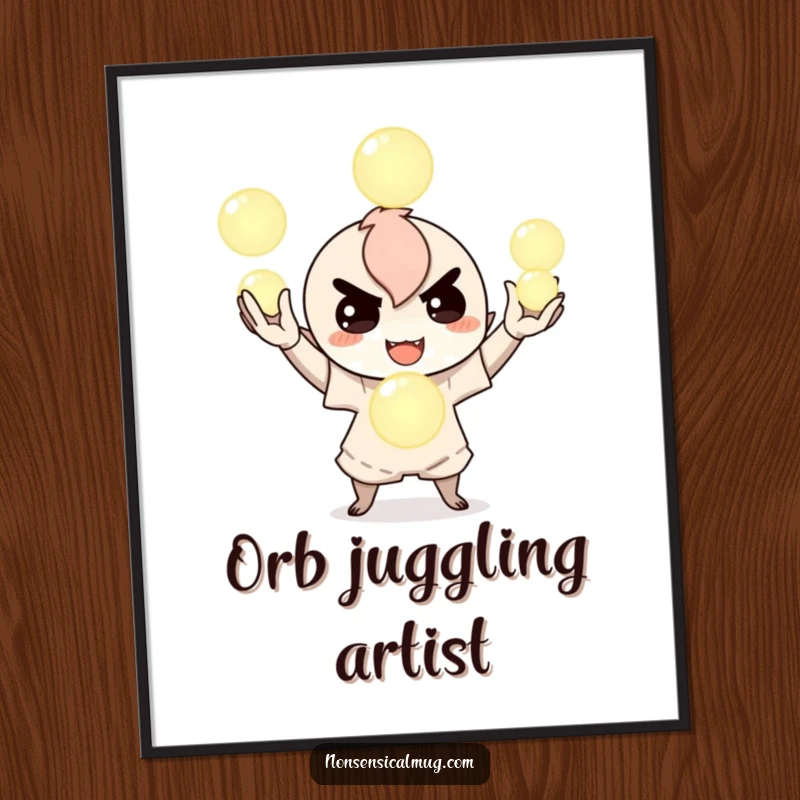 Funny digital art print of a mischievous character juggling three glowing orbs, radiating playful energy and magical charm, perfect for virtual backgrounds or prints.