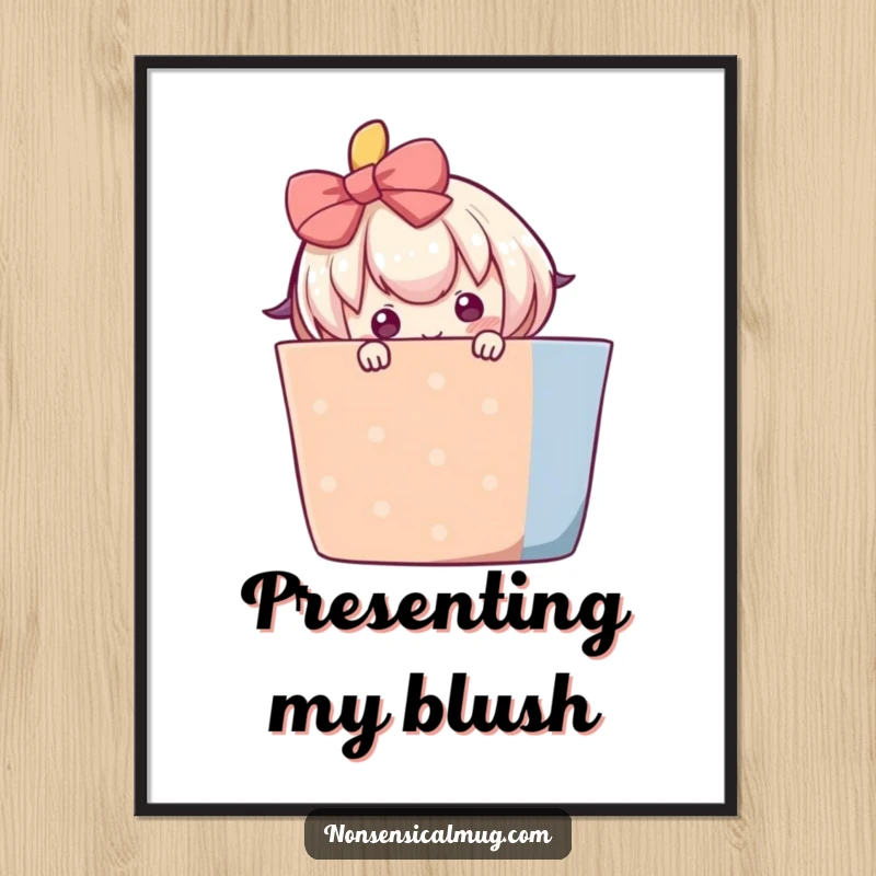 Funny digital art print of a blushing character shyly peeking from behind a large, colorful gift, a tender and humorous piece.