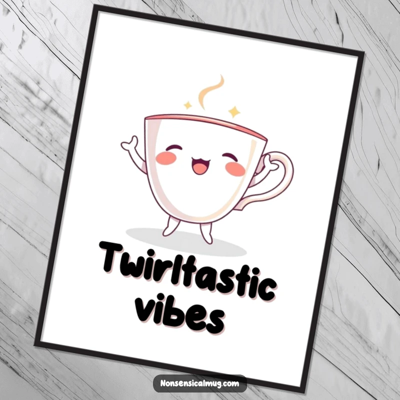 Funny teacup with small arms and legs, joyfully dancing and twirling, as a vibrant digital art print.