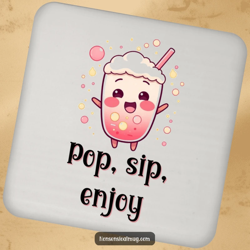 Funny drink coaster featuring a bubbly soda character bursting with fizz and excitement, adding a humorous and protective element.