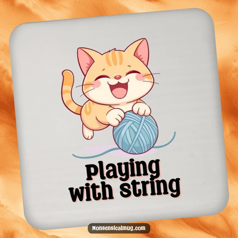 Funny drink coasters depicting a mischievous cat character gleefully pouncing on a ball of yarn, perfect for adding humor to tabletops.
