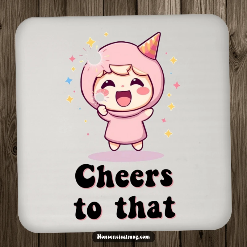 Funny drink coaster with a gleeful character launching a party popper, protecting surfaces with a touch of celebratory humor.