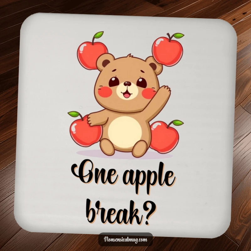 Funny drink coaster with a round, cheerful bear character playfully juggling three shiny apples, protecting surfaces with style.