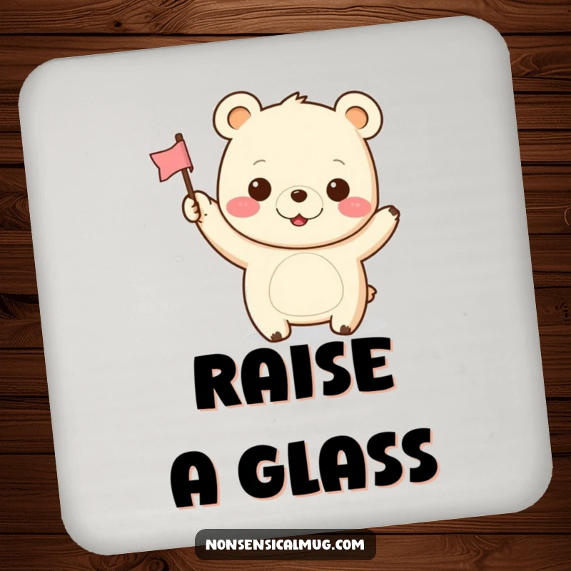 Funny Kawaii Bear Drink Coaster: A cute kawaii bear waves a tiny flag, adding a cheerful touch to drink protection.