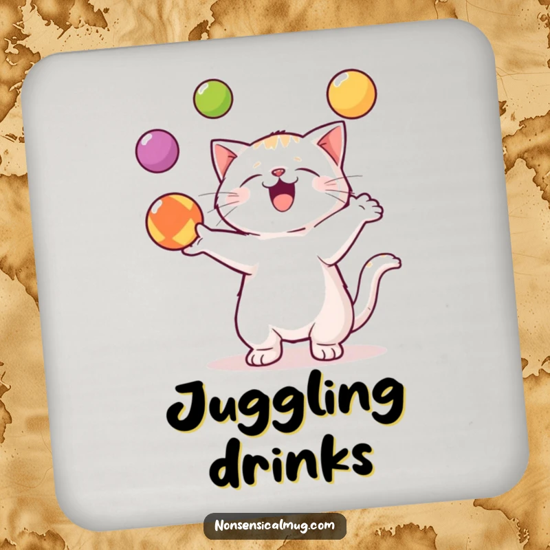 Funny Kawaii Cat Drink Coaster: A talented kawaii cat juggles balls, adding cheerful protection to surfaces.