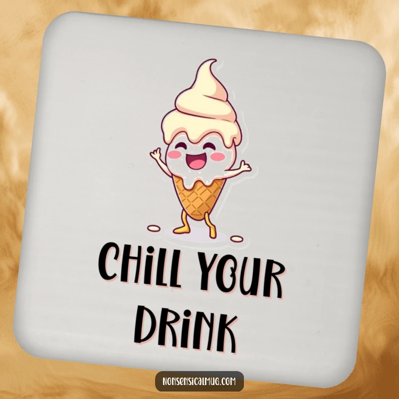 Funny kawaii melting ice cream cone character doing a silly dance on a round drink coaster, bringing sweet fun to any table.