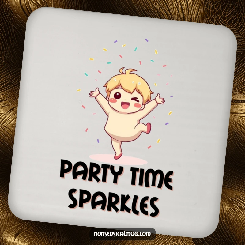 Funny drink coaster: a cute kawaii character does a cartwheel while tossing confetti, adding fun to table protection.