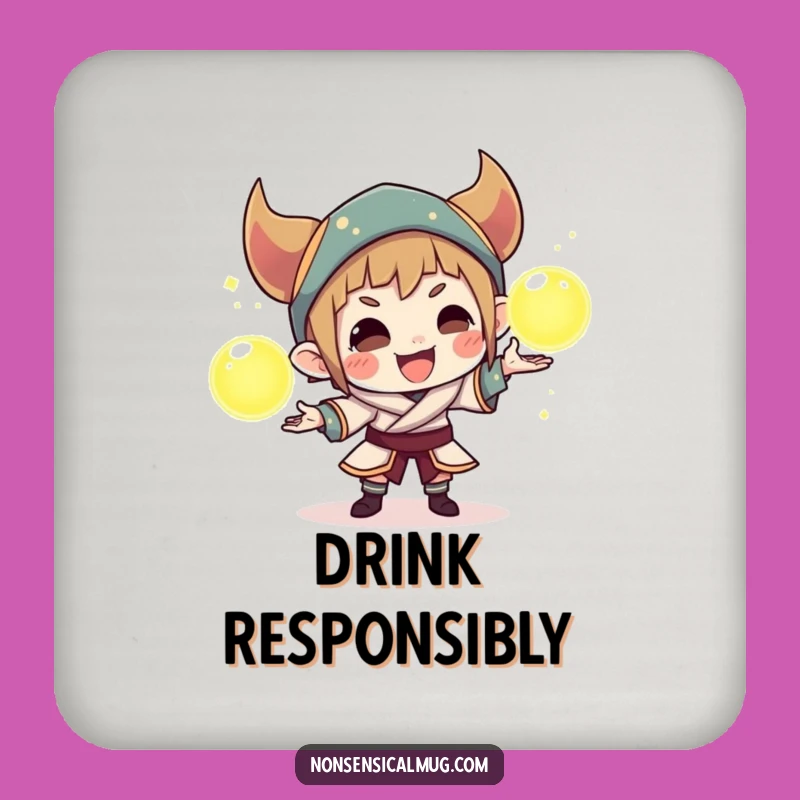 Funny Mischievous Character Drink Coaster: Protect Surfaces with This Hilarious Orb Juggling Art