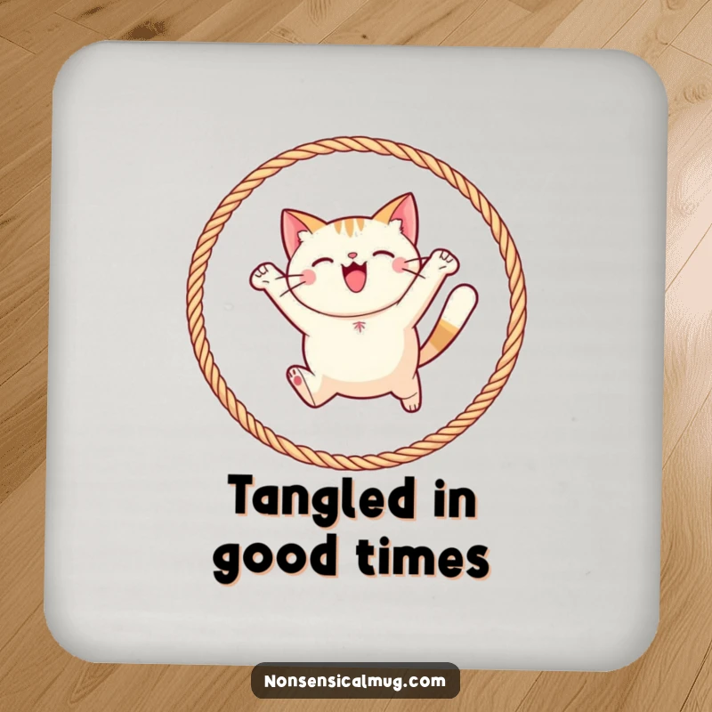 Funny round cat joyfully leaping through a hoop of yarn on a drink coaster, providing surface protection with a dose of feline charm.